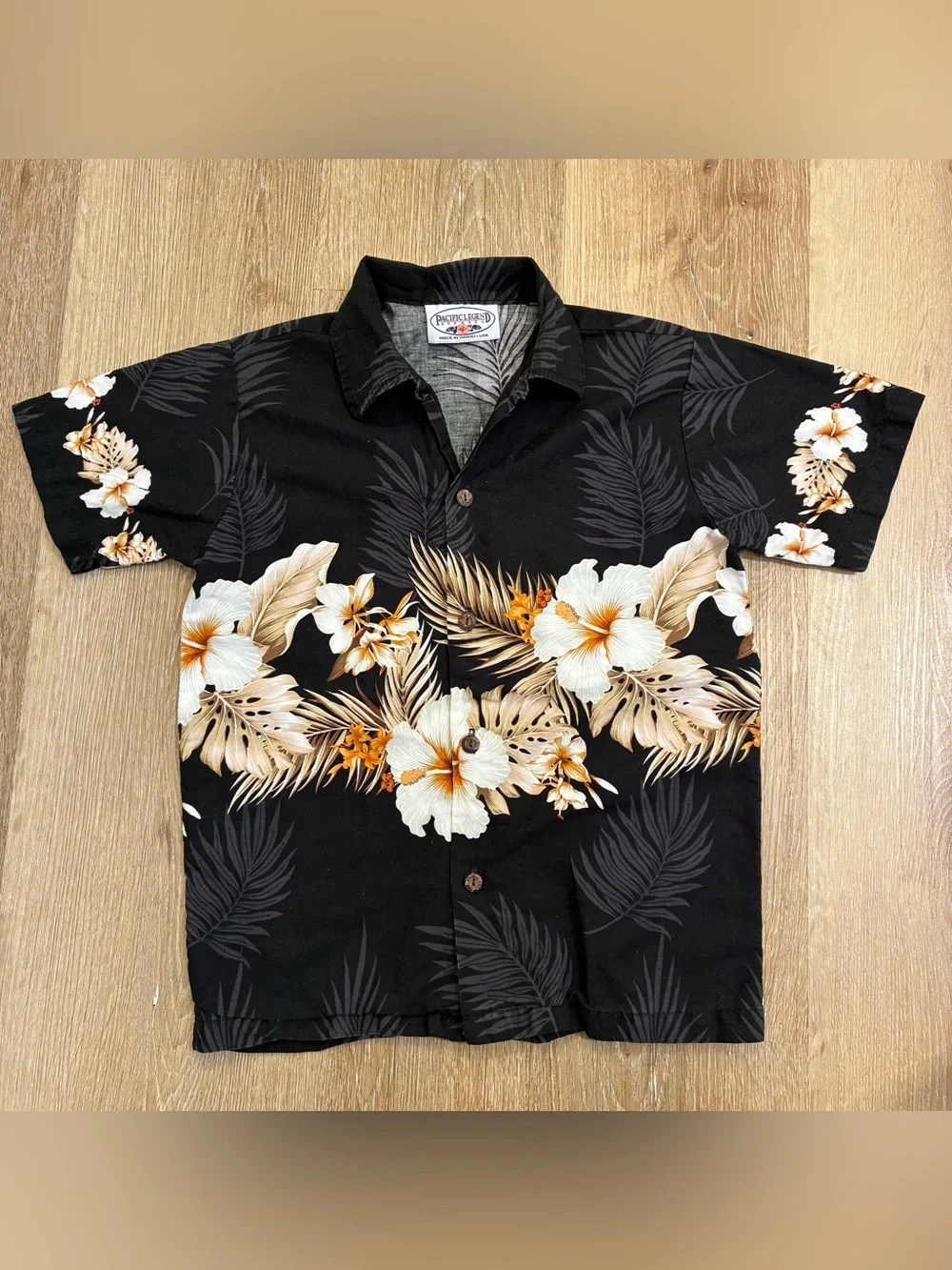 Pacific Legend Kids Hawaiian Aloha Shirt Black Floral Hibiscus 100% Cotton USA S